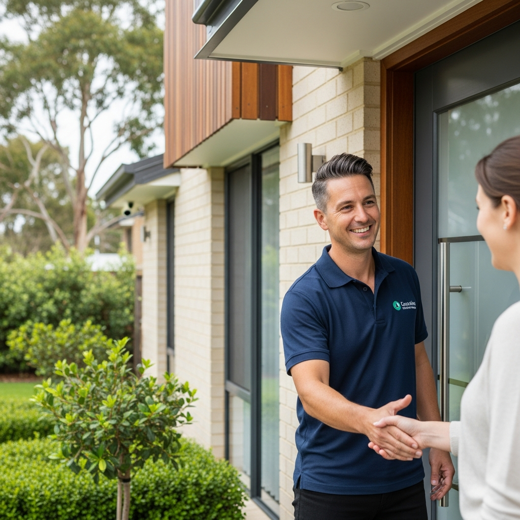 Locksmith greeting a homeowner at the front door of an Australian home
