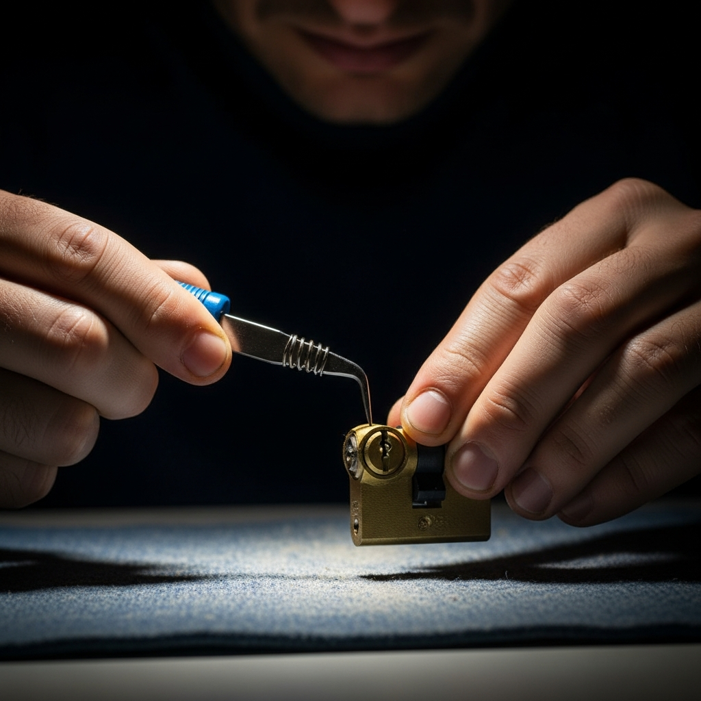 Locksmith hands working on a residential door lock during an emergency repair