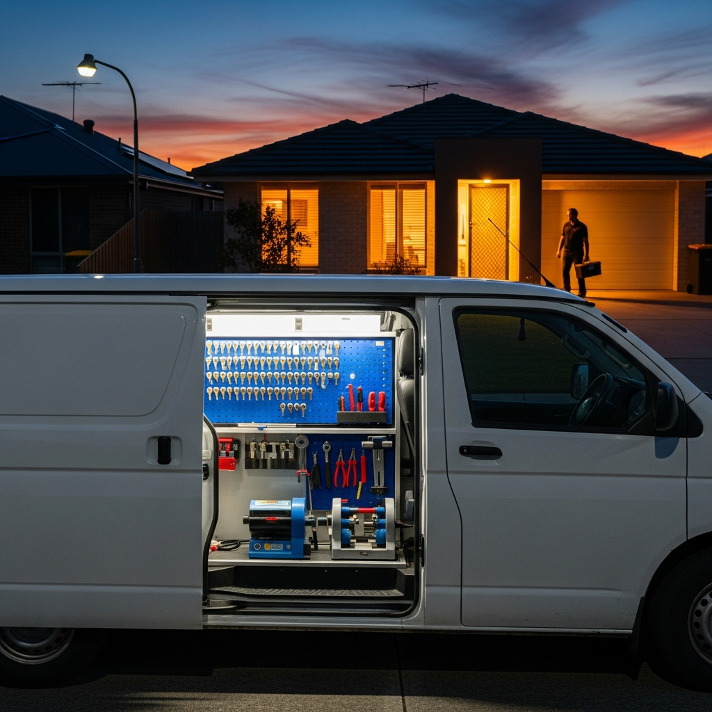 Emergency locksmith arriving at an Australian home at night for an urgent callout